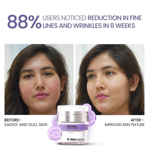 Before and after comparison of skin with retinol cream showing reduced fine lines and wrinkles.