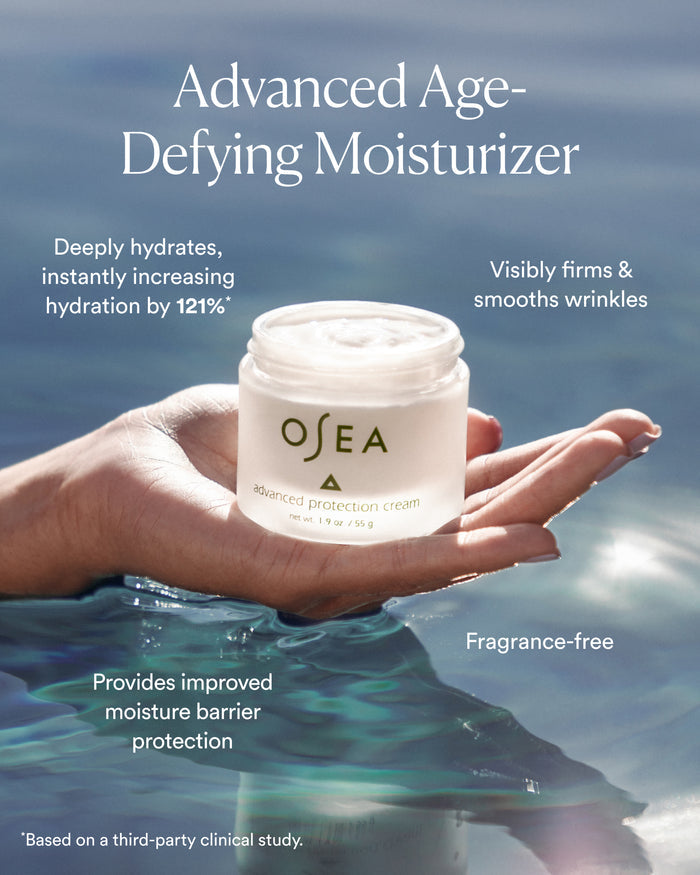 Advanced Protection Cream held above ocean water highlighting deep hydration, firmness, and moisture barrier support