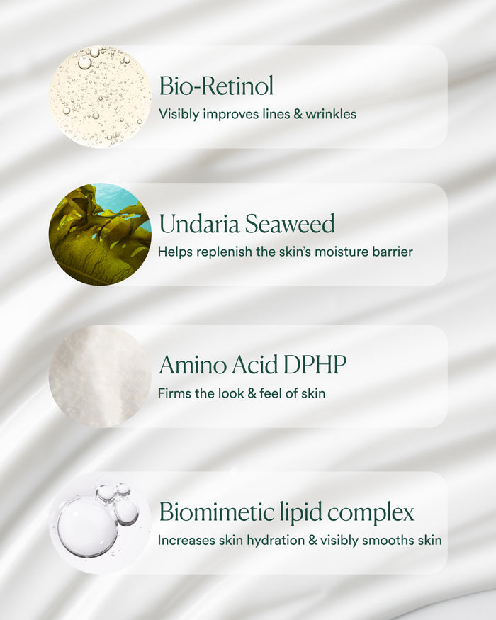Key ingredients including bio-retinol, Undaria seaweed, amino acid DPHP, and biomimetic lipid complex for firming and barrier support