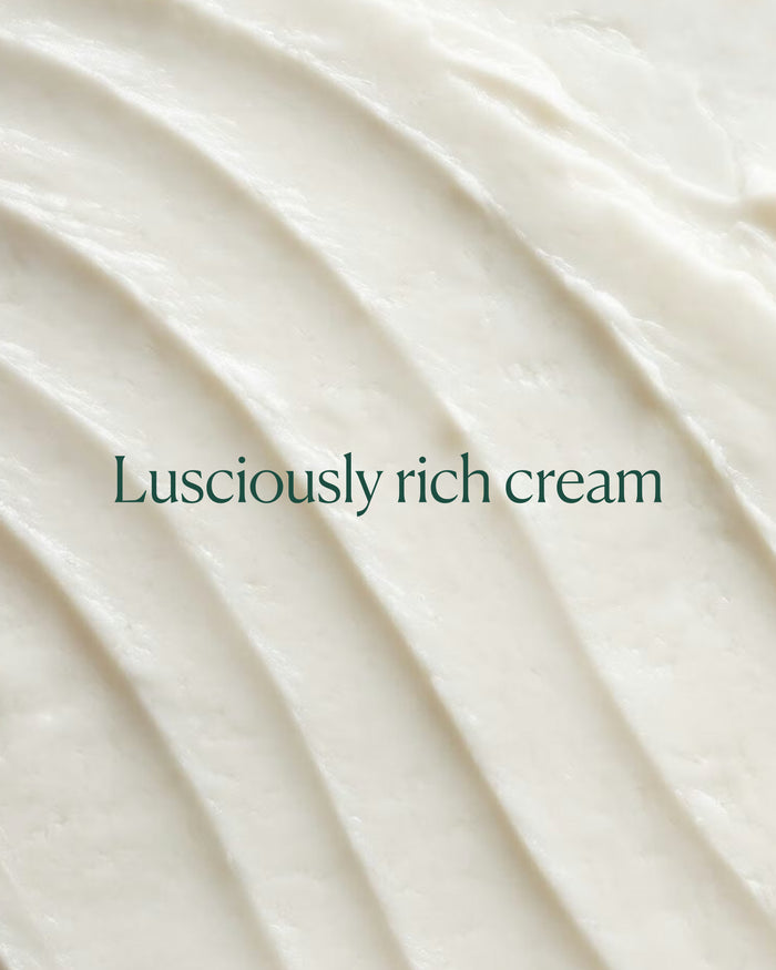 Close-up of rich, nourishing cream texture emphasizing ultra-hydrating formula