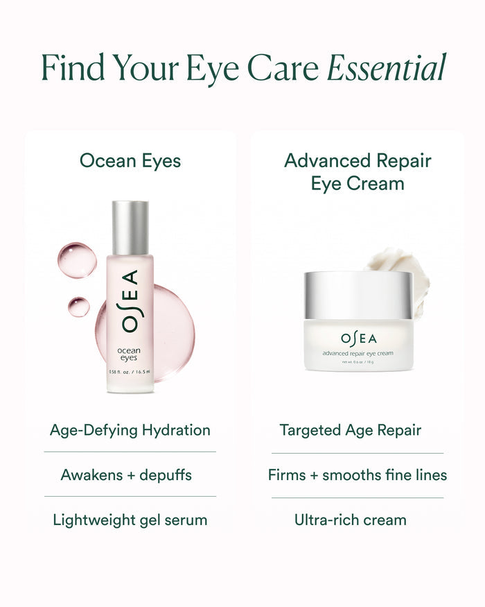 Eye care comparison chart featuring Ocean Eyes gel serum and Advanced Repair Eye Cream for targeted concerns