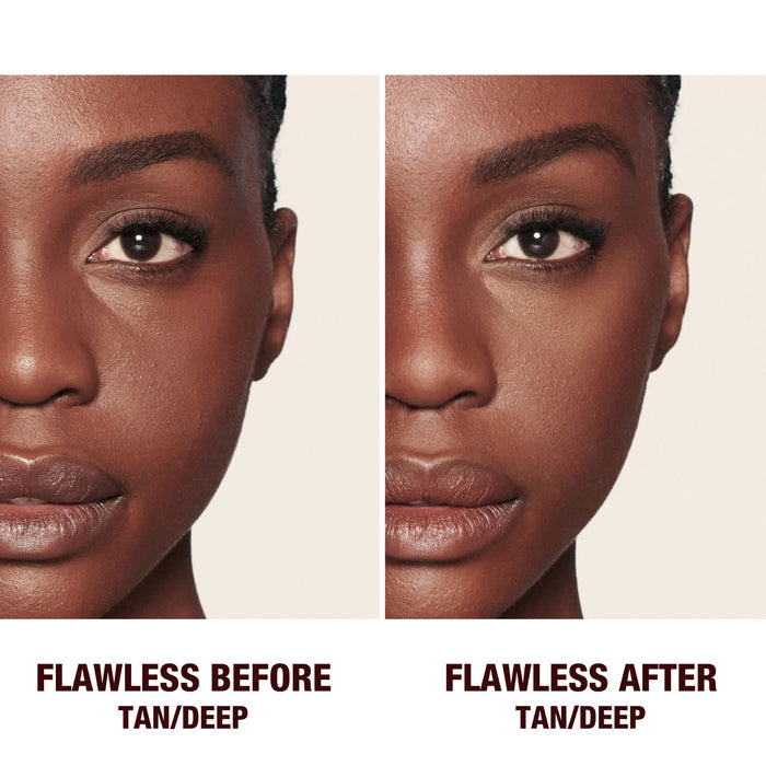 Before and after results of using Charlotte Tilbury Airbrush Brightening Flawless Finish Refill variant: Tan/Deep
