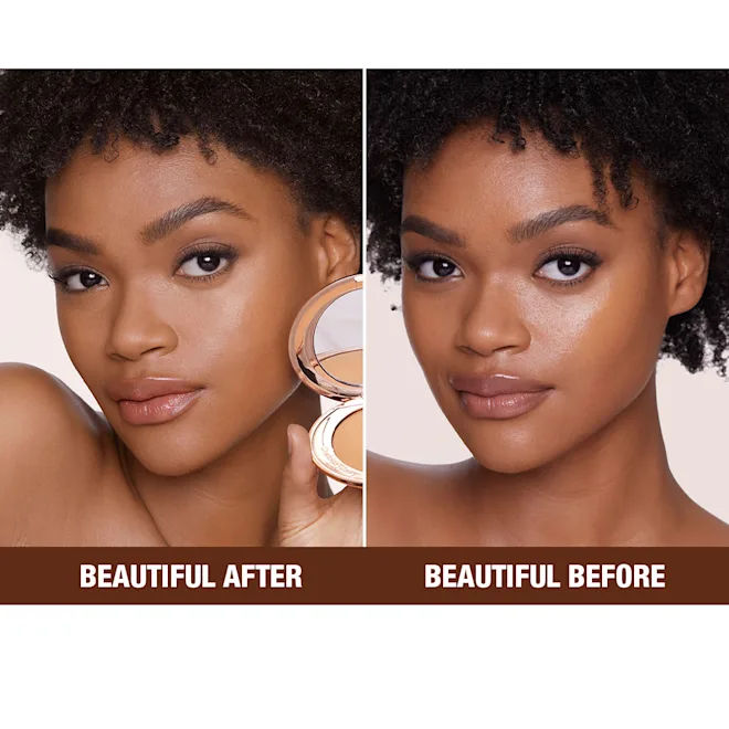 Before and after results of using Charlotte Tilbury Airbrush Flawless Finish variant: Tan