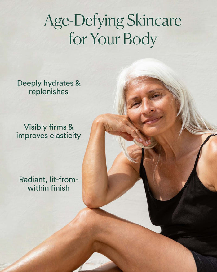 Anti-Aging Body Balm campaign highlighting deep hydration, firmness, elasticity, and radiant finish