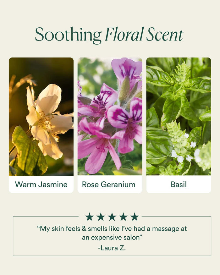 Soothing floral scent profile featuring jasmine, rose geranium, and basil with five-star review