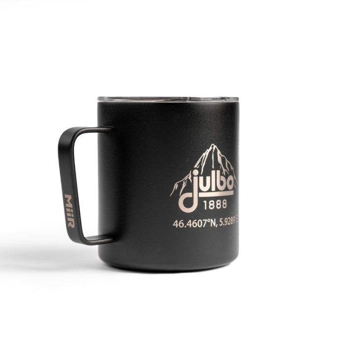 Black Metal Coffee mug with the julbo logo and coordinates of the Julbo HQ in France #color_julbo-camper-mug-12oz-black-mont-blanc