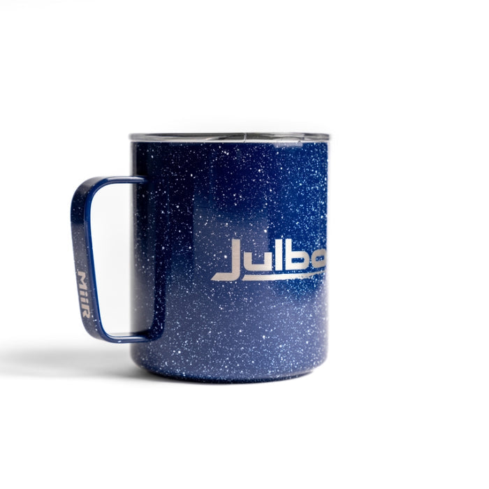 Blue Metal Coffee mug with the julbo logo and coordinates of the Julbo HQ in France #color_julbo-camper-mug-12oz-blue-enamel