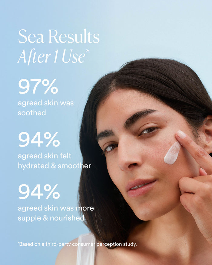 Model applying Atmosphere Protection® Cream with clinical results callouts showing improved hydration, smoothness and suppleness after one use
