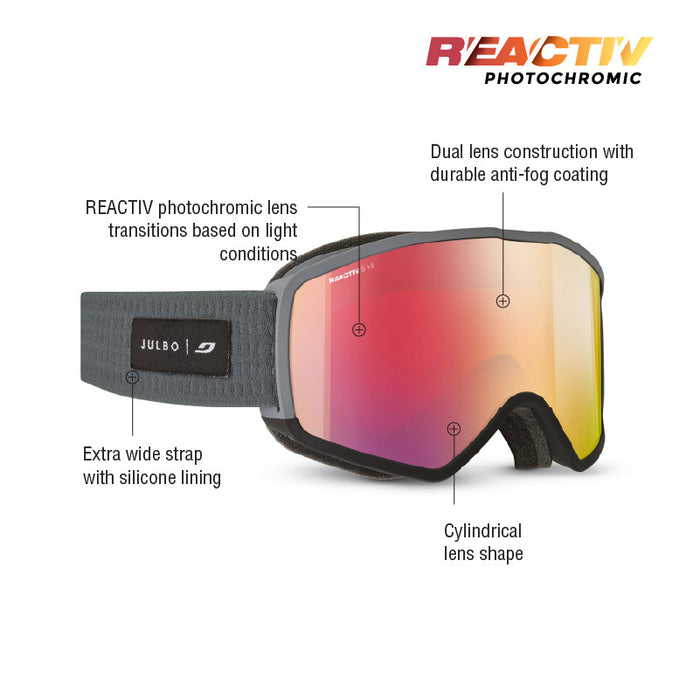 A pair of JULBO snow goggles with a gray strap and a dual-lens reflective shield showing red, pink, and yellow tones. The image includes callout lines and text explaining the REACTIV photochromic lens technology, the wide strap, and the cylindrical lens shape, on a clean white background. #color_gray-black-with-reactiv-1-3-high-contrast-lens