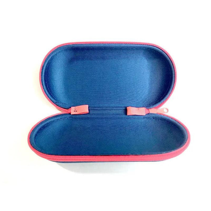 The Julbo Eyewear Blue Cloth Zippered Sunglass Case is seen open and empty from above, displaying its oval shape and pink zipper against a white background.