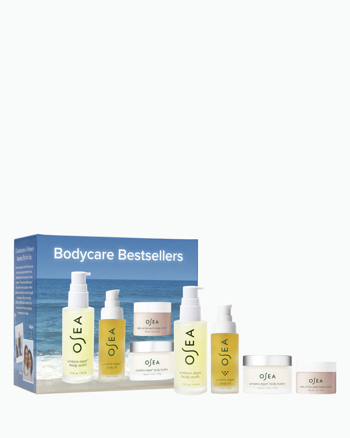 OSEA Bodycare Bestsellers set featuring body wash, body oil, body butter, and body scrub with gift box