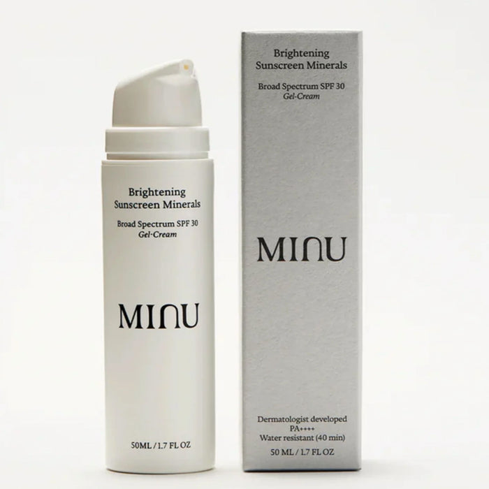 Image of an open Minu Brightening Sunscreen Minerals Broad Spectrum Gel-Cream SPF 30