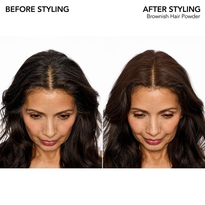 Before and after results of using Bumble and Bumble Brownish Hair Powder