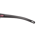 A close-up of the black plastic temple arms on Julbo USA's Camino Lenses & Parts glasses, showing a small pink logo and an elongated hole at the tip.