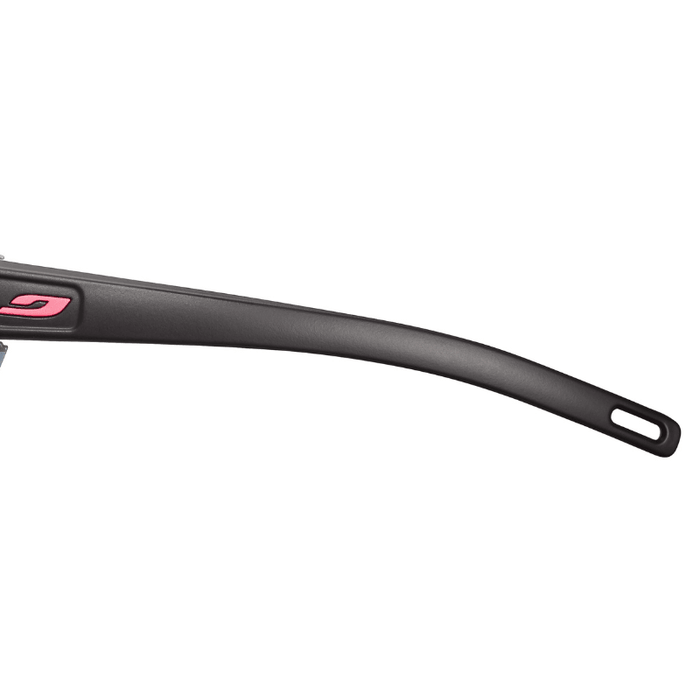 A close-up of the black plastic temple arms on Julbo USA's Camino Lenses & Parts glasses, showing a small pink logo and an elongated hole at the tip.
