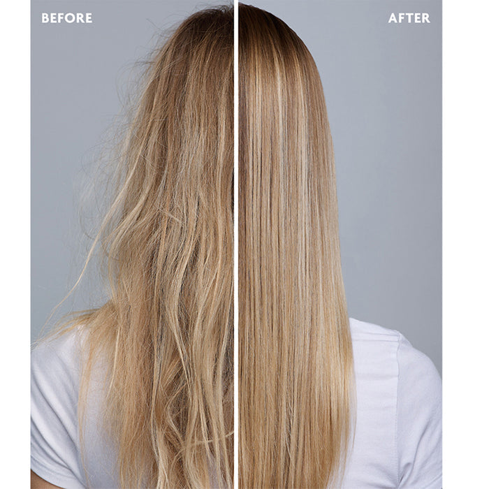 Before and after results of using R+Co Candy Stripe Protect + Prep Detangling Spray