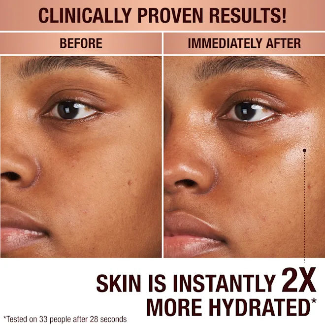 Before and after results of using Charlotte Tilbury Charlotte's Magic Hydration Revival Cleanser