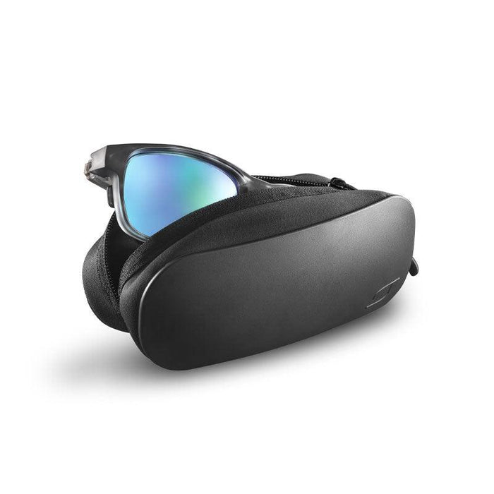 A pair of mirrored sunglasses is partially placed inside a Julbo Eyewear Collapsible Travel Sunglasses Case with a zipper, set against a plain white background.