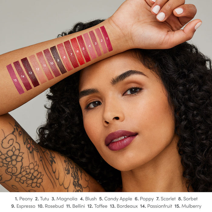 Model image of Jane Iredale ColorLuxe Hydrating Cream Lipstick variant: Passionfruit
