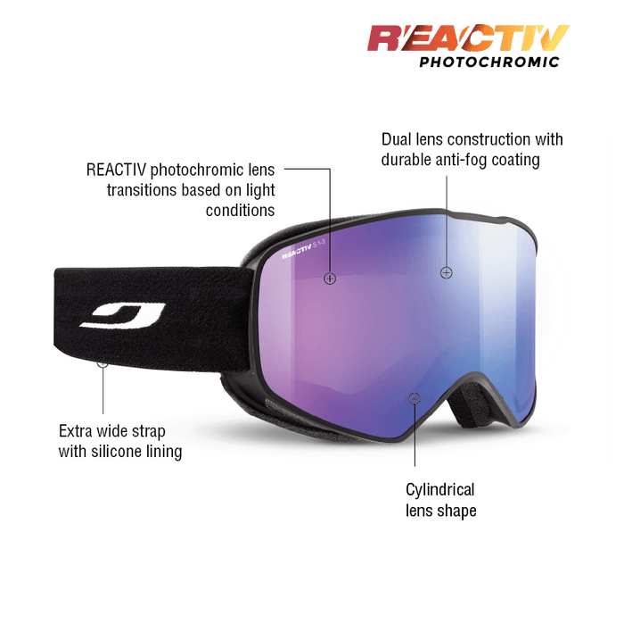 The Julbo-usa Cyclon ski goggles feature a REACTIV photochromic lens, anti-fog dual lens construction, helmet compatibility, an extra wide silicone-lined strap, and a cylindrical shape for a wide field of vision. #color_black-with-reactiv-1-3-high-contrast-lens