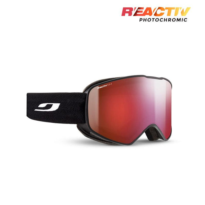 The Julbo-usa Cyclon ski goggles have a helmet-compatible design, red-tinted photochromic lens, and a black strap with a white logo. “REACTIV PHOTOCHROMIC” appears in the top right corner. #color_black-with-reactiv-0-4-high-contrast-lens