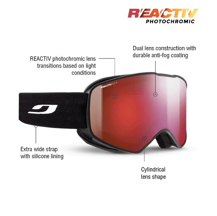 The Julbo-usa Cyclon ski goggles feature a REACTIV photochromic cylindrical lens, dual lens construction with anti-fog coating, wide field of vision, and a silicone-lined strap. #color_black-with-reactiv-0-4-high-contrast-lens
