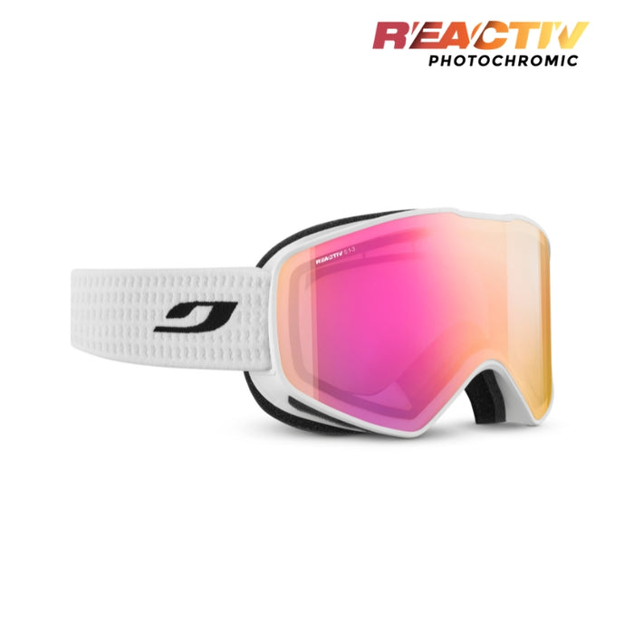 White ski goggles with a black logo on the strap and a pink-to-yellow photochromic lens, shown on a white background with a 'REACTIV PHOTOCHROMIC' badge in the top right. #color_white-with-reactiv-1-3-high-contrast-lens