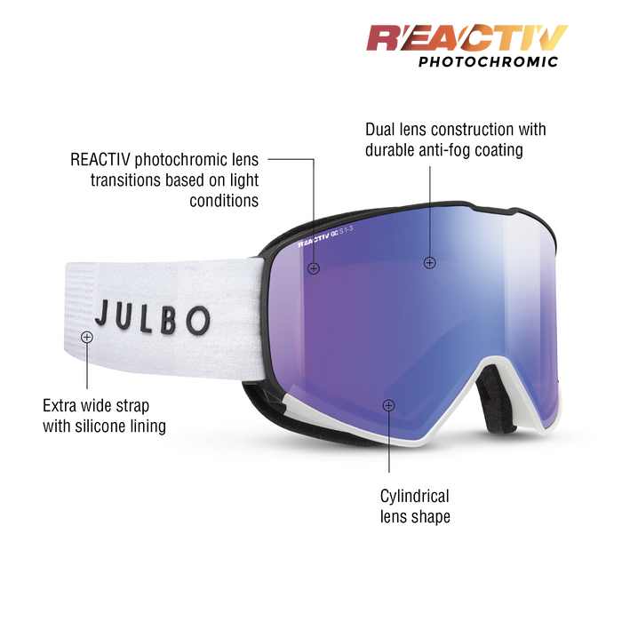 Julbo Reactiv photochromic ski goggles with a purple-blue reflective lens, black frame, and white strap, shown with callout text labels on a white background.  #color_white-black-with-reactiv-1-3-glare-control-lens