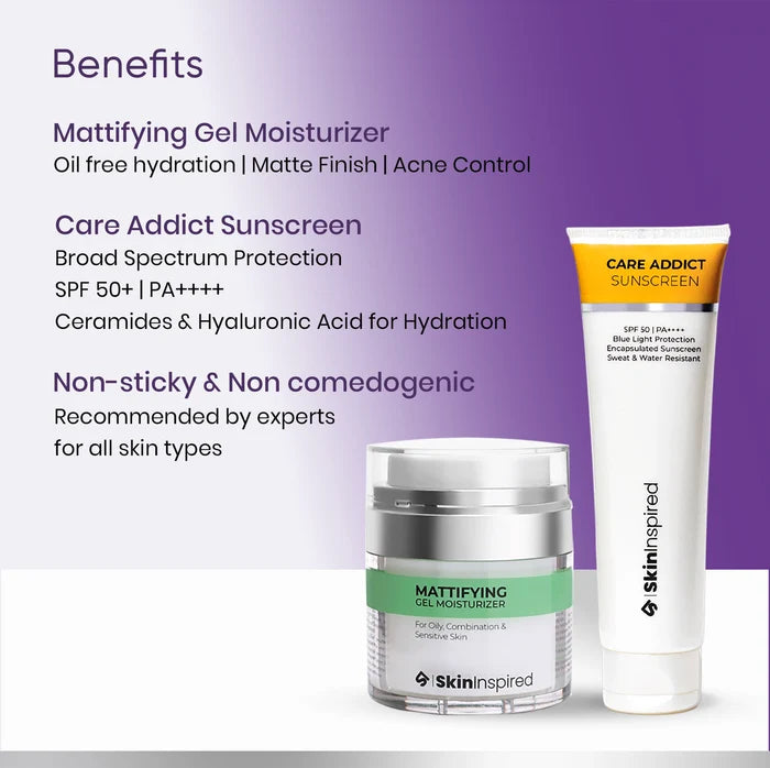 Skininspired Skincare Combo Benefits -Care Addict Sunscreen and Mattifying Gel Moisturizer for Him.