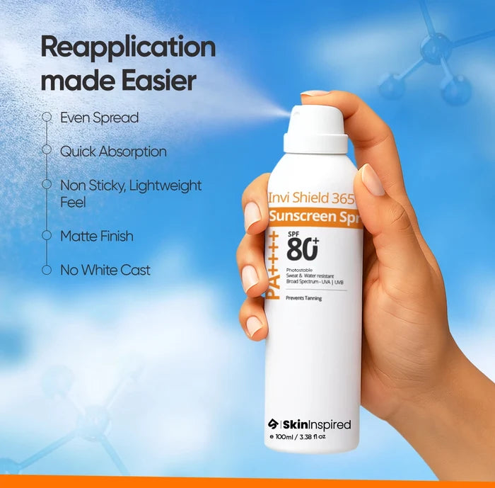 SkinInspired SPF 80+ sunscreen spray demonstrating easy reapplication for outdoor use.