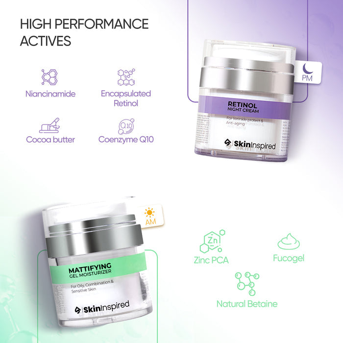 SkinInspired Retinol Night Cream for all skin types and Mattifying Gel Moisturizer tailored for oily, acne-prone, combination, and sensitive skin—targeting anti-aging, hydration, and oil control in one routine.