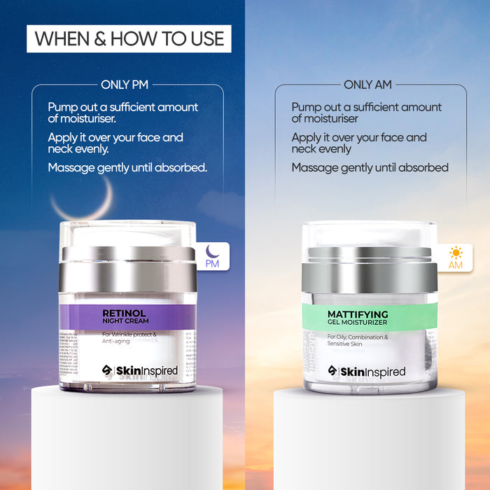 SkinInspired Retinol Night Cream for all skin types and Mattifying Gel Moisturizer tailored for oily, acne-prone, combination, and sensitive skin—targeting anti-aging, hydration, and oil control in one routine.
