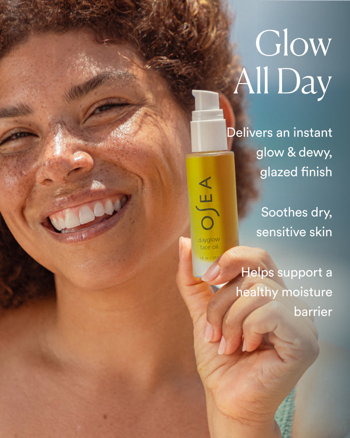 Model holding Dayglow Face Oil with text highlighting instant glow, soothing hydration, and moisture barrier support