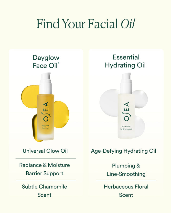 Comparison chart of Dayglow Face Oil and Essential Hydrating Oil benefits and scent profiles