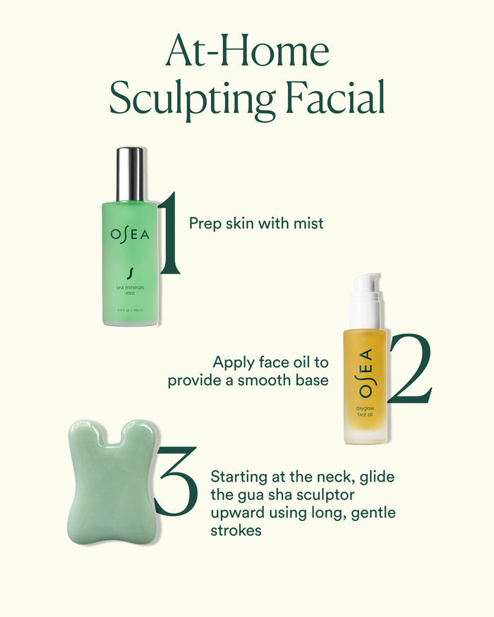 Three-step at-home sculpting facial routine using mist, Dayglow Face Oil, and gua sha tool