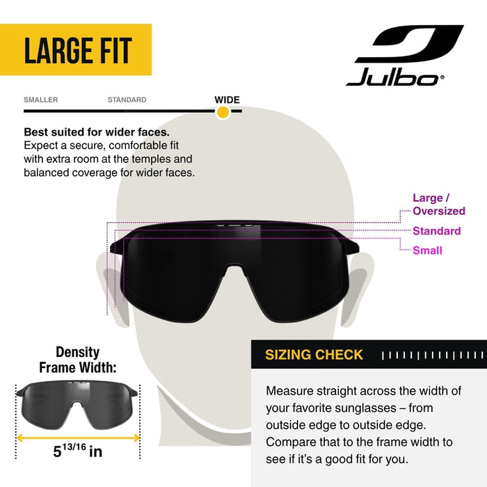 Julbo large fit sunglasses sizing guide showing a front view of oversized dark sunglasses on a head silhouette, with text explaining fit for wider faces and a density frame width measurement of 5 13/16 in.
