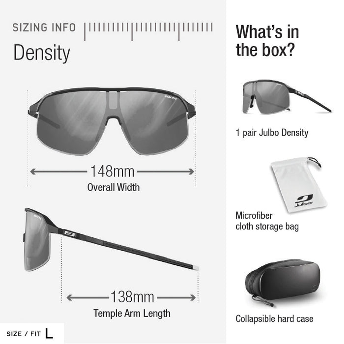 Julbo-usa Density performance eyewear sizing: size large, overall width 148mm, temple arms 138mm. Features include wide lens design, CustomFit Temples, microfiber storage bag, and collapsible hard case. #color_matte-green-gray-with-reactiv-1-3-light-amplifier-lens