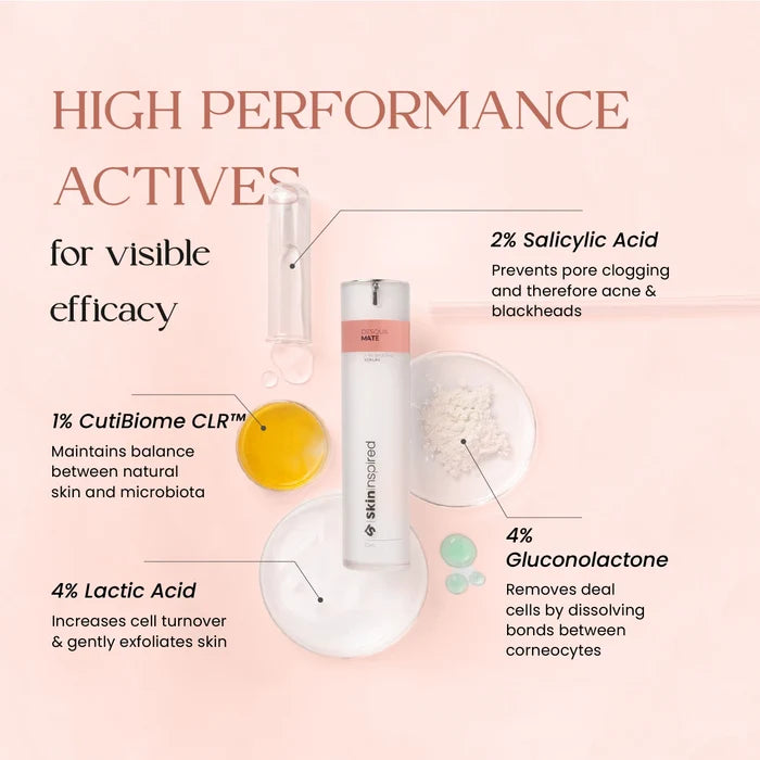 SkinInspired AHA BHA PHA serum with salicylic acid, lactic acid, gluconolactone, and Cutibiome CLR for exfoliation and acne control