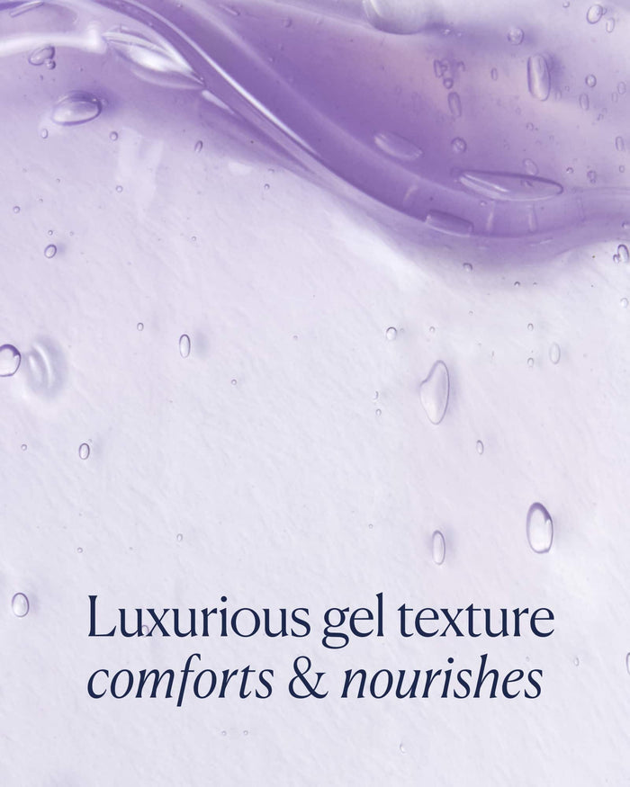 Purple gel texture with text 'Luxurious gel texture comforts & nourishes'