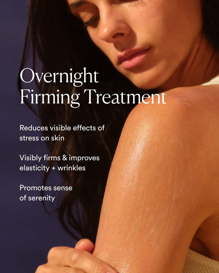 Woman with text about an overnight firming treatment on a purple background