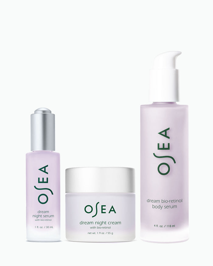 OSEA Dream Night Serum, Dream Night Cream, and Dream Bio-Retinol Body Serum trio on white background