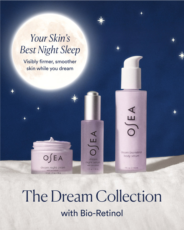Dream Night Serum, Dream Night Cream, and Dream Bio-Retinol Body Serum under moonlit sky promoting firmer, smoother skin overnight