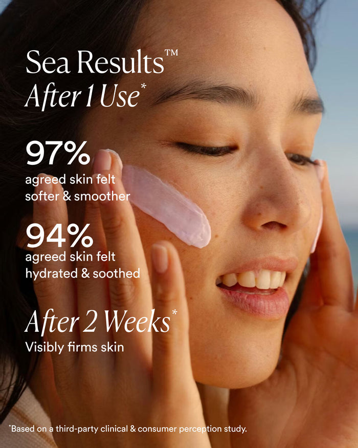Woman applying lavender-tinted cream to cheek with clinical results showing smoother, more hydrated skin after use