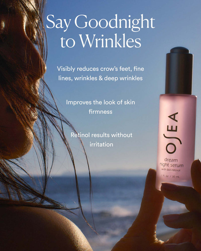 Dream Night Serum campaign highlighting wrinkle reduction, improved firmness, and retinol-like results without irritation