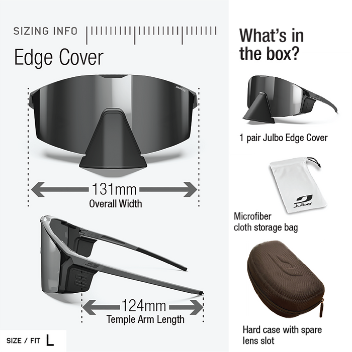 The Julbo Eyewear Edge Cover sunglasses offer magnetic lens swaps and an adjustable nosepiece. Sized L (131mm width, 124mm arm), they come with a storage bag, hard case with lens slot, and sizing details. #color_army-black-with-reactiv-2-4-lens