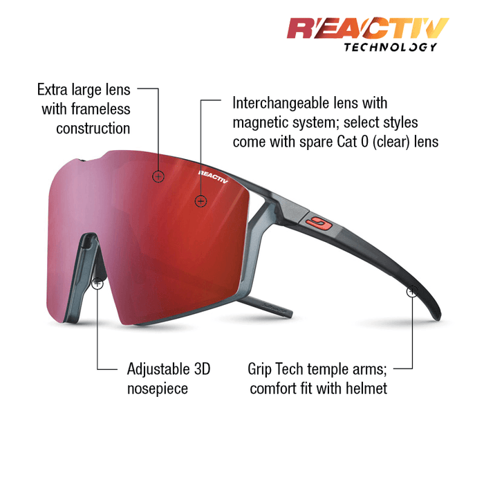 The Julbo-usa Edge sunglasses feature a large red lens, MagneFix magnetic interchangeable lenses, an adjustable 3D nosepiece, frameless design, and Grip Tech temple arms for helmet comfort—perfect biking sunglasses. #color_translucent-black-matte-orange-with-reactiv-0-3-high-contrast-lens