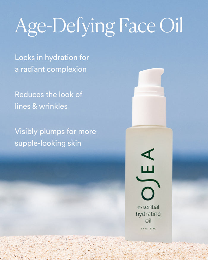 Essential Hydrating Oil on sand with on-image text highlighting hydration, line-smoothing, and plumping benefits