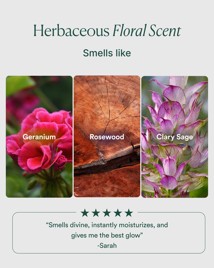 Geranium, rosewood, and clary sage representing the oil’s herbaceous floral scent with five-star review