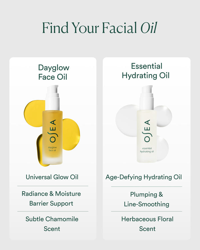 Comparison chart of Dayglow Face Oil and Essential Hydrating Oil highlighting glow vs. age-defying benefits