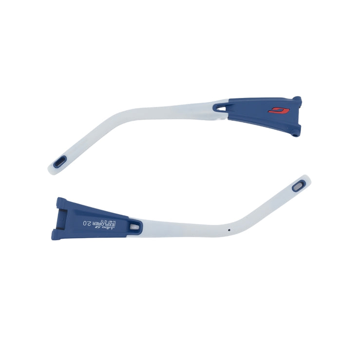 Two blue and white plastic temple arms from Julbo USA's Explorer 2.0 Lenses & Parts are shown on a white background, with one arm facing up and the other facing down.
